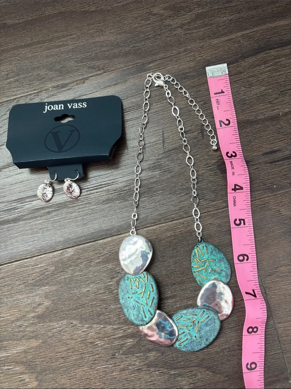 Joan Vass Teal Textured & Hammered Oval shaped pendant,& earrings artisanal